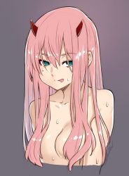 Rule 34 | 10s, 1girl, :p, breasts, cleavage, collarbone, cropped arms, cropped torso, darling in the franxx, green eyes, grey background, horns, kazuma muramasa, medium breasts, pink hair, solo, tongue, tongue out, wet, zero two (darling in the franxx)
