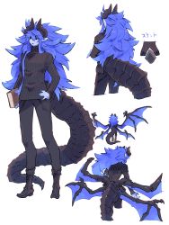 Rule 34 | 1boy, absurdres, ahoge, black footwear, black horns, black pants, black scales, black sclera, black sweater, blue eyes, blue hair, blue nails, blue skin, book, boots, colored sclera, colored skin, dragon boy, dragon horns, dragon tail, dragon wings, facing away, full body, hand on own hip, highres, holding, holding book, horns, inu fuji, long hair, looking to the side, low wings, male focus, messy hair, monster boy, multiple views, multiple wings, nail polish, open mouth, original, pants, pointy ears, scales, sidelocks, slit pupils, standing, sweater, tail, turtleneck, turtleneck sweater, very long hair, white background, wings