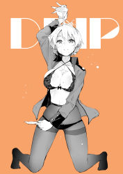 Rule 34 | 1girl, arm up, bow, bow bra, bow panties, bra, braid, breasts, bust cup, cleavage, collarbone, criss-cross halter, cropped, cup, darjeeling (girls und panzer), girls und panzer, greyscale, greyscale with colored background, halterneck, highres, jacket, kneeling, large breasts, legs, limited palette, lingerie, lowleg, lowleg panties, military jacket, monochrome, muteki soda, navel, no pants, open clothes, open shirt, orange background, panties, panties under pantyhose, pantyhose, pouring, saucer, skindentation, smile, solo, st. gloriana&#039;s military uniform, tea, teacup, text background, thighband pantyhose, thighs, underwear, wet, wet hair