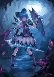 Rule 34 | 1girl, alternate costume, armor, armored dress, blue eyes, blue hair, boots, bow, catsila, cirno, crystal, crystal sword, dress, gauntlets, gem, gloves, hair bow, headband, ice, matching hair/eyes, shield, short hair, solo, sword, touhou, weapon, wings