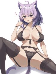 Rule 34 | 1girl, absurdres, ahoge, animal ear fluff, animal ears, bare shoulders, black bra, black garter straps, black panties, black thighhighs, blush, bra, breasts, cat ears, cat girl, cat tail, cleavage, collarbone, garter straps, hair between eyes, highres, hololive, lace, lace-trimmed bra, lace-trimmed legwear, lace-trimmed panties, lace trim, large breasts, lingerie, looking at viewer, navel, nekomata okayu, panties, purple eyes, purple hair, short hair, spread legs, tail, thighhighs, tongue, tongue out, underwear, vanillafox2035, virtual youtuber