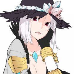 Rule 34 | 1girl, black gloves, black hat, blue gemstone, breasts, cleavage, coat, commentary request, gem, gem hat ornament, gloves, grey coat, grey hair, hand on own cheek, hand on own face, hat, large breasts, long sleeves, looking at viewer, lower teeth only, open mouth, ragnarok online, red eyes, short hair, simple background, solo, teeth, tugmix, upper body, warlock (ragnarok online), white background, witch hat