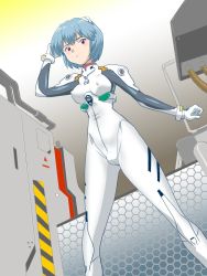 Rule 34 | 1girl, ayanami rei, blue hair, bodysuit, breasts, cameltoe, covered erect nipples, dutch angle, e-senmio, interface headset, medium breasts, neon genesis evangelion, plugsuit, red eyes, short hair, solo, standing