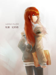 Rule 34 | 1girl, black pantyhose, blue eyes, brown hair, character name, cowboy shot, envelope, expressionless, grey background, highres, hihei xiaobai, jacket, long hair, looking at viewer, looking back, makise kurisu, manila envelope, pantyhose, simple background, solo, steins;gate, traditional media