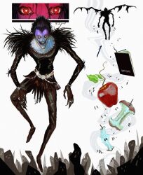 Rule 34 | apple, black hair, death note, death note (object), fangs, food, fruit, full body, highres, horror (theme), jewelry, open mouth, pen, red eyes, ring, ryuk, shinigami, svvshi, white background, wings