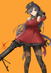 Rule 34 | 1girl, absurdres, armpits, b o y, beret, bipod, black bow, black hair, black pantyhose, bow, brown eyes, closed mouth, cowboy shot, detached sleeves, dress, drum magazine, girls&#039; frontline, gun, hat, hat bow, high-capacity magazine, highres, knife, legs, lewis (girls&#039; frontline), lewis gun, light machine gun, long hair, machine gun, magazine (weapon), medal, orange background, pan magazine, pantyhose, petticoat, pointing, pointing at viewer, red dress, sheath, signature, simple background, solo, striped clothes, striped pantyhose, vertical-striped clothes, vertical-striped pantyhose, very long hair, weapon
