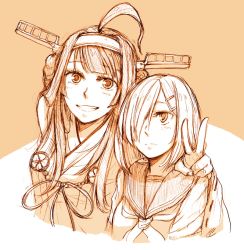 Rule 34 | 10s, 2girls, ahoge, arm around neck, blush, brown background, brown theme, closed mouth, double bun, expressionless, hair bun, hair ornament, hair over one eye, hairband, hairclip, hamakaze (kancolle), hand on another&#039;s shoulder, hauza0324, kantai collection, kongou (kancolle), long hair, looking at another, looking at viewer, monochrome, multiple girls, neckerchief, sailor collar, sepia, short hair, simple background, sketch, v, yamada rei (rou)