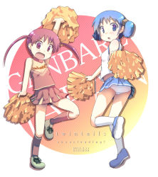 2girls blue_eyes blue_hair cheerleader flat_chest cube_hair_ornament hair_ornament highres kazuboh kneehighs multiple_girls naganohara_mio nichijou open_mouth panties pantyshot pom_pom_(cheerleading) red_eyes red_hair shoes sneakers socks standing tachibana_mihoshi twintails underwear upskirt white_panties