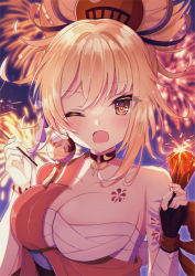 Rule 34 | 1girl, ;d, absurdres, arm tattoo, backlighting, bandages around chest, blurry, breasts, chest tattoo, choker, cleavage, close-up, collarbone, commentary request, depth of field, fireworks, genshin impact, hair between eyes, hair ornament, highres, holding, holding fireworks, holding sparkler, japanese clothes, long hair, looking at viewer, miitaodao, night, night sky, one eye closed, open mouth, orange eyes, orange hair, ponytail, rope, sarashi, senkou hanabi, shimenawa, sidelocks, sky, smile, solo, sparkler, tattoo, wide sleeves, yoimiya (genshin impact)