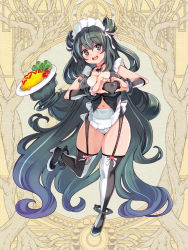 Rule 34 | 1girl, absurdly long hair, apron, black eyes, black hair, breasts, cameltoe, choker, cleavage, covered erect nipples, dairoku ryouhei, food, full body, garter straps, green eyes, green hair, heart, heart choker, heart hands, high heels, holding, holding food, large breasts, living hair, long hair, looking at viewer, maid apron, maid headdress, multicolored hair, navel, official art, omelet, omurice, open mouth, ryoji (nomura ryouji), smile, solo, streaked hair, thighhighs, two-tone hair, two side up, very long hair, waist apron, white hair