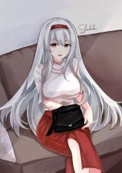 Rule 34 | 1girl, bad id, bad pixiv id, breasts, dress, hair ribbon, highres, himeyamato, kantai collection, long hair, looking at viewer, open mouth, red dress, ribbon, self-upload, shoukaku (kancolle), sitting, solo, white hair