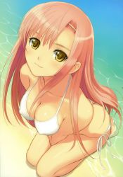 Rule 34 | 00s, 1girl, absurdres, barefoot, beach, between thighs, bikini, blush, breasts squeezed together, breasts, butt crack, cleavage, covered erect nipples, day, from above, hair ornament, hairclip, hayate no gotoku!, highres, katsura hinagiku, kneeling, large breasts, leaning forward, long hair, looking up, original, outdoors, pink hair, reference work, seiza, side-tie bikini bottom, sitting, smile, solo, swimsuit, thighs, tony taka, water, white bikini, yellow eyes