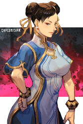 Rule 34 | 1girl, armband, black hair, capcom, china dress, chinese clothes, chun-li, clenched hand, double bun, dress, earrings, hair bun, hand on own hip, hungry clicker, jewelry, lips, looking at viewer, red ribbon, ribbon, solo, street fighter, yellow ribbon