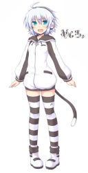 Rule 34 | 1girl, ahoge, blue eyes, blush, fang, full body, hair tie, headphones, lock heart (juuryokudou), open mouth, original, shoes, short hair, silver hair, simple background, solo, striped clothes, striped thighhighs, sweater, tail, thighhighs, white background, yashiro (lock heart), zettai ryouiki, zipper