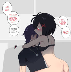 Rule 34 | 1boy, 1girl, absurdres, arms around neck, ass, black bra, black hair, black shirt, bluebutter, bottomless, bra, breasts, commentary, crossover, english text, faceless, faceless male, genderswap, genderswap (ftm), hair ornament, hetero, highres, implied sex, jewelry, marvel, necklace, peni parker, red eyes, shirt, small breasts, spider-man: across the spider-verse, spider-man (series), spider-verse, t-shirt, underwear, x hair ornament