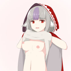Rule 34 | 1girl, animal ears, bad id, bad pixiv id, bottomless, breasts, cape, chirun0, clothes lift, fire emblem, fire emblem fates, grey hair, hood, hood up, long hair, looking at viewer, medium breasts, multicolored hair, navel, nintendo, nipples, open mouth, purple hair, red eyes, shirt, shirt lift, simple background, solo, streaked hair, undressing, upper body, velouria (fire emblem), wavy mouth, white background, wolf ears