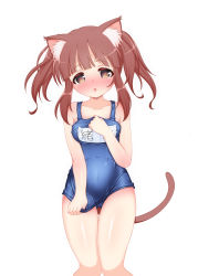 Rule 34 | 1girl, animal ears, blue one-piece swimsuit, blunt bangs, blush, breasts, brown eyes, brown hair, commentary request, covered navel, gluteal fold, hand on own chest, highres, hosizora mikoto, idolmaster, idolmaster cinderella girls, long hair, name tag, ogata chieri, old school swimsuit, one-piece swimsuit, open mouth, school swimsuit, simple background, solo, swimsuit, swimsuit tug, tail, thigh gap, thighs, twintails, white background