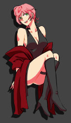Rule 34 | 1girl, absurdres, black dress, black footwear, boots, breasts, cleavage, dress, full body, green eyes, high heel boots, high heels, highres, jojo no kimyou na bouken, knee boots, legband, legs together, open mouth, pink hair, red scarf, rokurokurokuichi, scarf, short hair, smile, solo, thigh strap, trish una, vento aureo