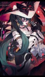 Rule 34 | 1girl, black bow, black choker, black gloves, bow, choker, creatures (company), dark miku (project voltage), earrings, fang, game freak, gen 8 pokemon, gloves, hat, hat bow, hatsune miku, highres, holding, holding umbrella, jewelry, long hair, long sleeves, luxury ball, microphone, nintendo, obstagoon, off shoulder, open mouth, poke ball, pokemon, pokemon (creature), project voltage, ring, taowu (20809), twintails, umbrella, uneven twintails, very long hair, vocaloid