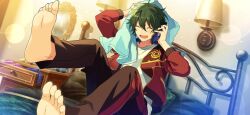 Rule 34 | 1boy, barefoot, bed, bed frame, blunt bangs, closed eyes, drying, ensemble stars!, green hair, happy elements, holding, holding poke ball, jacket, kagehira mika, long sleeves, male focus, mirror, nightstand, official art, on bed, open clothes, open drawer, open jacket, open mouth, pants, poke ball, shirt, short hair, solo, talking on phone, teeth, third-party source, towel, upper teeth only, wall lamp, white shirt