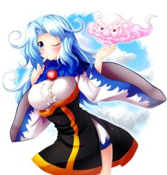 Rule 34 | 1boy, 1girl, blue eyes, blue hair, blush, breasts, cloud, contrapposto, cowboy shot, finger to mouth, jewelry, kumoi ichirin, large breasts, long hair, necklace, one eye closed, osashin (osada), smile, standing, touhou, underbust, unzan