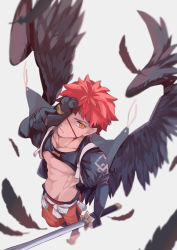 Rule 34 | 1boy, abs, absurdres, bare pectorals, black wings, closed mouth, emiya shirou, falling feathers, fate/grand order, fate (series), feathered wings, feathers, half mask, highres, holding, holding sword, holding weapon, japanese clothes, kamigokuin, male focus, mask, official alternate costume, orange pants, pants, pectorals, red hair, senji muramasa (fate), short hair, shrug (clothing), solo, sword, toned, toned male, weapon, white background, wings, yellow eyes