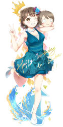 Rule 34 | 1girl, anchor earrings, birthday, blue dress, blue flower, blue rose, breasts, brown hair, crown, dress, earrings, english text, flower, grin, hair flower, hair ornament, happy birthday, high heels, jewelry, love live!, love live! school idol festival, love live! sunshine!!, medium breasts, necklace, nesoberi, one eye closed, rose, saitou shuka, voice actor connection, short hair, smile, stuffed toy, surfing orange, v, watanabe you, water