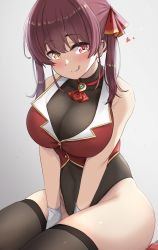 Rule 34 | 1girl, :q, black bodysuit, black thighhighs, blush, bodysuit, breasts, cleavage, commentary request, covered navel, gloves, gradient background, grey background, hair ribbon, heterochromia, highres, hololive, houshou marine, kibihimi, large breasts, medium hair, red eyes, red hair, red ribbon, ribbon, see-through, see-through cleavage, sitting, solo, thick thighs, thighhighs, thighs, tongue, tongue out, twintails, virtual youtuber, white gloves, yellow eyes