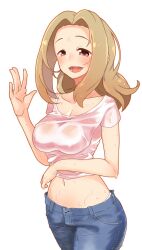 Rule 34 | 1girl, blonde hair, blush, breasts, check commentary, cleavage, collarbone, commentary, commentary request, covered erect nipples, crop top, denim, highres, idolmaster, idolmaster cinderella girls, jeans, kurushima gire, large breasts, looking at viewer, manabe itsuki, midriff, navel, open fly, open mouth, pants, pink eyes, short sleeves, smile, sweat, sweaty clothes, transparent background, waving