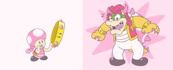 Rule 34 | 1boy, 1girl, :o, armlet, artist request, black footwear, bowser, bracelet, drawfag, genderswap, genderswap (ftm), highres, horns, jewelry, mario (series), nail polish, new super mario bros. u deluxe, nintendo, pants, pink background, pink hair, pink nails, pun, short twintails, spiked armlet, spiked bracelet, spikes, standing, tail, thick eyebrows, toadette, transformation, twintails, white pants