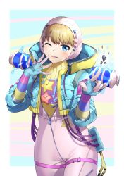 Rule 34 | 1girl, \m/, animification, apex legends, blonde hair, blue eyes, blue gloves, blue jacket, bodysuit, bon (bonbon315), cable, facial scar, gloves, highres, hood, hooded jacket, jacket, kawaii voltage wattson, one eye closed, open mouth, pink bodysuit, pink headwear, ribbed bodysuit, rock, scar, scar on cheek, scar on face, smile, solo, thigh strap, wattson (apex legends), yellow bodysuit