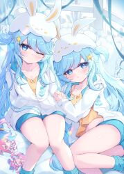 Rule 34 | 2girls, blue eyes, blue hair, blue shorts, blue socks, blush, breasts, closed mouth, collarbone, commentary request, feet out of frame, frilled pillow, frills, hair ornament, highres, holding hands, jacket, long hair, long sleeves, looking at viewer, lying, mikaze oto, multiple girls, navel, near (sound voltex), noah (sound voltex), on side, one eye closed, one side up, open mouth, orange shirt, partially unzipped, pillow, shirt, short eyebrows, short shorts, shorts, siblings, sisters, sitting, small breasts, smile, socks, sound voltex, star (symbol), star hair ornament, thick eyebrows, thighs, twins, very long hair, white jacket