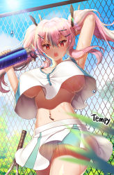 Rule 34 | 1girl, armpits, artist name, azur lane, bare shoulders, blue sky, bottle, bow, breasts, bremerton (azur lane), bremerton (scorching-hot training) (azur lane), chain-link fence, commentary, cowboy shot, crop top, crop top overhang, day, fence, grey hair, hair between eyes, hair bow, hair lift, hair ornament, hairclip, heart, heart necklace, jewelry, large breasts, long hair, looking at viewer, mole, mole under eye, multicolored hair, navel piercing, necklace, open mouth, piercing, pink eyes, pink hair, racket, shiny skin, shirt, sky, sleeveless, sleeveless shirt, streaked hair, sun, sunlight, sweat, tempy (rinsia), tree, twintails, two-tone hair, two-tone shirt, two-tone skirt, underboob, water bottle, x hair ornament
