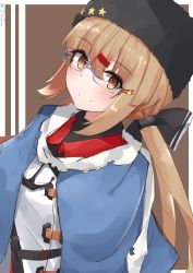 Rule 34 | 1girl, black bow, blouse, blush, bow, brown eyes, brown hair, closed mouth, fur hat, glasses, hair between eyes, hair ornament, hairclip, hat, highres, jacket, kantai collection, long hair, looking at viewer, low twintails, one-hour drawing challenge, papakha, red shirt, russian clothes, scarf, shirt, smile, star (symbol), tashkent (kancolle), twintails, white jacket, white scarf, yukikasa (ro-ga-o-y)