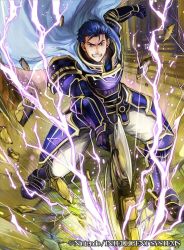 Rule 34 | 1boy, armor, axe, blue armor, blue eyes, blue hair, cape, company connection, copyright name, electricity, fire emblem, fire emblem: the blazing blade, fire emblem cipher, gauntlets, hector (fire emblem), holding, holding weapon, male focus, matching hair/eyes, nintendo, pants, pillar, rock, rubble, serious, short hair, solo, stairs, teeth, wada sachiko, weapon, white pants