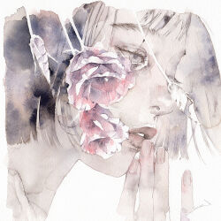 Rule 34 | 1girl, black hair, close-up, expressionless, fingernails, flower, highres, looking ahead, original, painting (medium), parted lips, pink flower, portrait, short hair, sidelocks, simple background, solo, traditional media, watercolor (medium), white background, yue (memento1113)