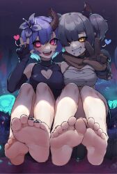 Rule 34 | 2girls, barefoot, black nails, blue shirt, blue sleeves, blunt ends, blush, breasts, brown gloves, cleavage, cleavage cutout, clenched teeth, clothing cutout, commentary, demon horns, elbow gloves, english commentary, eyelashes, feet, flower, foot focus, foreshortening, gloves, hair flower, hair ornament, hand up, highres, horns, k-rha&#039;s, kamiko (k-rha), knees up, large breasts, legs, medium hair, multiple girls, nail polish, one side up, open mouth, orange eyes, original, partially fingerless gloves, piercing, pink eyes, purple hair, shiny skin, shirt, sidelocks, sitting, sleeveless, slit pupils, soles, teeth, toenail polish, toenails, toes, w