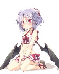 Rule 34 | 1girl, alternate costume, alternate hairstyle, bat wings, between legs, blue hair, blush, crop top, frown, hand between legs, midriff, own hands together, red eyes, remilia scarlet, sandals, satou kibi, short hair, simple background, sitting, skirt, sleeveless, slit pupils, solo, touhou, v arms, wariza, white background, wings, wrist cuffs