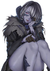 Rule 34 | 1girl, au ra, warrior of light (ff14), bare legs, black hair, black horns, bow, bowtie, coat, collar, colored skin, detached collar, dragon horns, final fantasy, final fantasy xiv, frilled collar, frills, grey hair, hand on own cheek, hand on own face, hand rest, hand up, head tilt, highres, horns, knees up, light smile, lips, long sleeves, looking at viewer, medium hair, multicolored hair, parted lips, purple skin, red eyes, scales, shiny skin, shorts, simple background, sitting, solo, udongo99, white background