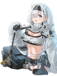 Rule 34 | 1girl, :d, absurdres, animal ears, arknights, aurora (arknights), bear ears, black gloves, black hairband, black shirt, blue eyes, breasts, cleavage, commentary request, crop top, gloves, grey shorts, hairband, highres, jacket, large breasts, long hair, long sleeves, looking at viewer, midriff, navel, open mouth, shima (wideshi ma), shirt, short shorts, shorts, simple background, smile, solo, stomach, white background, white hair, white jacket
