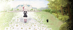 Rule 34 | 1girl, black dress, bow, building, bush, cat, coco (kuro), commentary request, day, dress, flower, grass, hands on own chest, hill, kuro (kuro), kuro (manga), long hair, looking at viewer, mansion, monster, official art, outdoors, plant, sharp teeth, shoes, soumatou (mayoibashi), stairs, standing, teeth, tree, twintails, wall, white hair