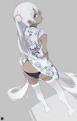 Rule 34 | 1girl, ass, back, black panties, blue eyes, china dress, chinese clothes, dark-skinned female, dark skin, dress, long hair, looking at viewer, looking back, original, panties, solo, thighhighs, twintails, underwear, unimon e, very long hair, white hair, white thighhighs