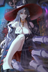 Rule 34 | 1girl, absurdres, bare shoulders, black hair, bone, breasts, cleavage, detached sleeves, grey eyes, hat, heterochromia, highres, jisu lee, large breasts, long hair, multicolored hair, open mouth, original, picture frame, red eyes, shoes, solo, split-color hair, white hair, witch, witch hat