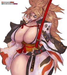 Rule 34 | 1girl, baiken, bandages, breasts, cleavage, eyepatch, facial tattoo, girlsay, guilty gear, high ponytail, highres, hilt, holding, holding weapon, jacket, jacket on shoulders, japanese clothes, katana, large breasts, looking at viewer, one eye closed, parted lips, pink eyes, pink hair, rope, scar, scar across eye, scar on face, sword, tattoo, weapon, white background