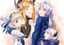 Rule 34 | 10s, 4girls, :d, ;d, ^ ^, ahoge, bare shoulders, beret, black gloves, blonde hair, blue eyes, blush, breasts, cleavage, cloak, closed eyes, collarbone, crop top, cucouroux (granblue fantasy), draph, elbow gloves, girl sandwich, gloves, granblue fantasy, hair between eyes, hair ornament, hair ribbon, hat, height difference, holding hands, hood, hooded cloak, horns, interlocked fingers, kasappi, kumuyu, large breasts, long hair, long sleeves, looking at another, medium breasts, midriff, multiple girls, one eye closed, open mouth, orange hair, ribbon, sandwiched, silva (granblue fantasy), silver hair, smile, swept bangs, tweyen (granblue fantasy), twintails, upper body, wavy hair, yellow eyes