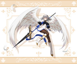 Rule 34 | 1girl, absurdres, armor, azur lane, blue ribbon, bodystocking, boots, breastplate, breasts, corset, cross-laced footwear, feathered wings, feathers, fleur-de-lis, full body, gauntlets, grey hair, high heel boots, high heels, highres, holding, holding polearm, holding weapon, iris libre (emblem), kafeifeifeifeifeifei jiemo jun, long hair, looking at viewer, medium breasts, miniskirt, pleated skirt, polearm, puffy sleeves, red eyes, ribbon, saint-louis (azur lane), skirt, solo, spear, weapon, white background, white corset, white footwear, white skirt, wings