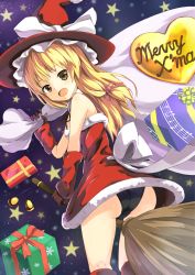 Rule 34 | 1girl, :d, arm warmers, ass, bare shoulders, bell, black panties, blonde hair, bluekalmia, boots, broom, broom riding, detached collar, dress, gift, gloves, hat, highres, kirisame marisa, kneepits, looking at viewer, merry christmas, off shoulder, open mouth, panties, sack, santa costume, smile, solo, star (symbol), strapless, strapless dress, thighs, touhou, underwear, witch hat, yellow eyes