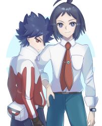 Rule 34 | 2boys, absurdres, ahoge, belt, belt buckle, black hair, blue eyes, breast pocket, bright pupils, brown belt, brown eyes, buckle, cheren (pokemon), closed mouth, collared shirt, commentary request, creatures (company), game freak, gloves, green pants, hand on own hip, highres, hugh (pokemon), jacket, male focus, multiple boys, necktie, nintendo, pants, pocket, pokemon, pokemon bw2, red necktie, ryusa (gjgd7445), shirt, short hair, sleeves rolled up, smile, spiked hair, watch, white pupils, white shirt, wristwatch
