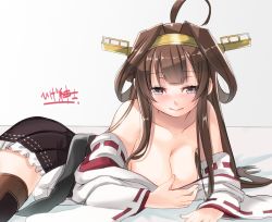Rule 34 | 10s, 1girl, ahoge, bare shoulders, boots, breasts, brown hair, cleavage, detached sleeves, double bun, hair bun, hairband, headgear, higeno shinshi, it&#039;s ok to touch, japanese clothes, kantai collection, kongou (kancolle), large breasts, long hair, looking at viewer, lying, miniskirt, no bra, nontraditional miko, on side, skirt, solo, thigh boots, thighhighs