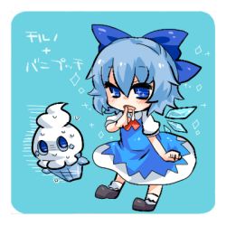 Rule 34 | 1girl, blue background, blue eyes, blue hair, bow, chibi, cirno, creatures (company), crossover, food, fruit, game freak, gen 5 pokemon, hair bow, hat, image sample, lowres, nintendo, peach, pixiv sample, pokemon, pokemon (creature), short hair, simple background, takamura, touhou, vanillite
